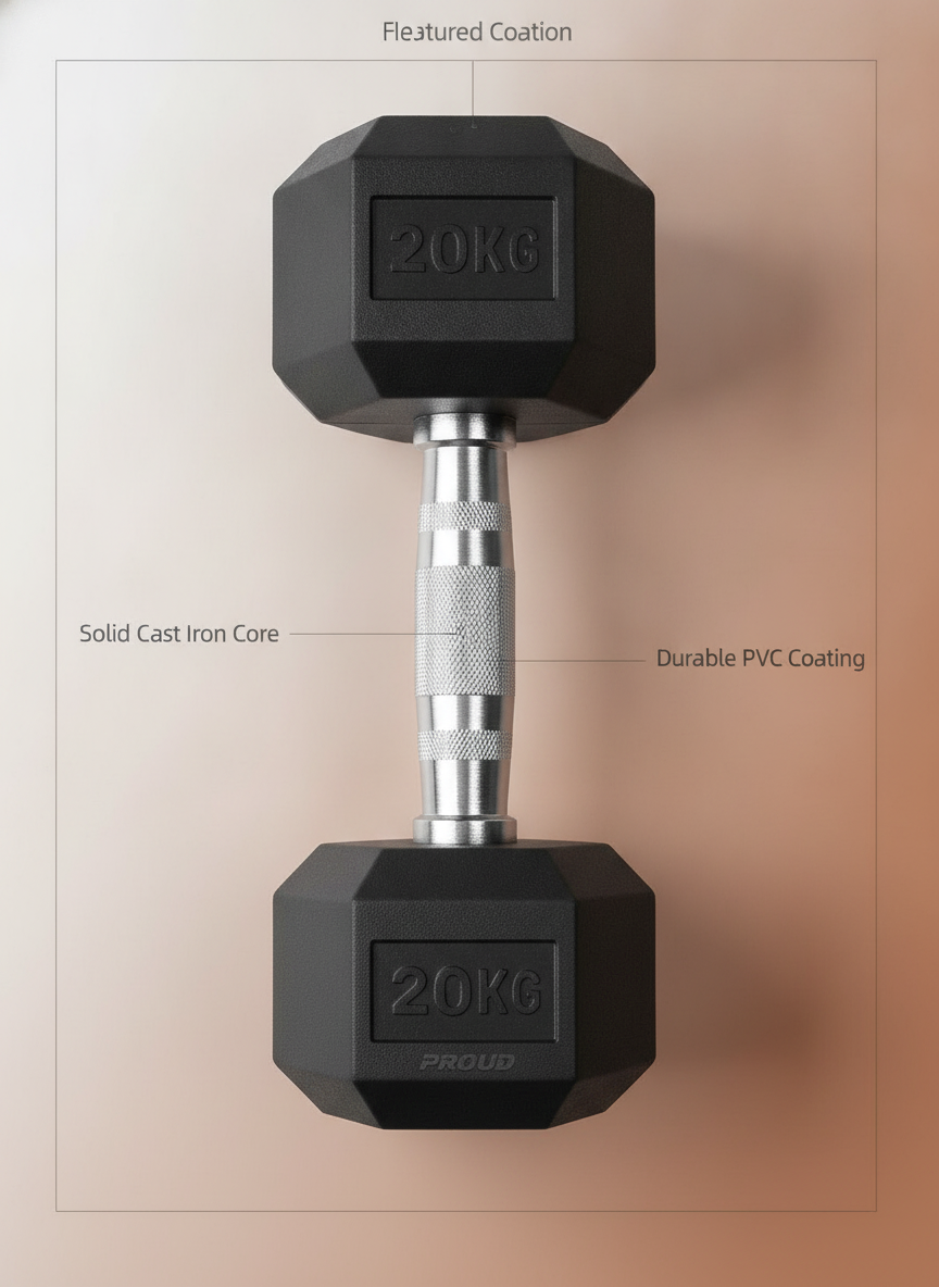 Close-up flat-lay of a 20kg hex dumbbell, highlighting its textured grip and hexagonal shape on a warm background.