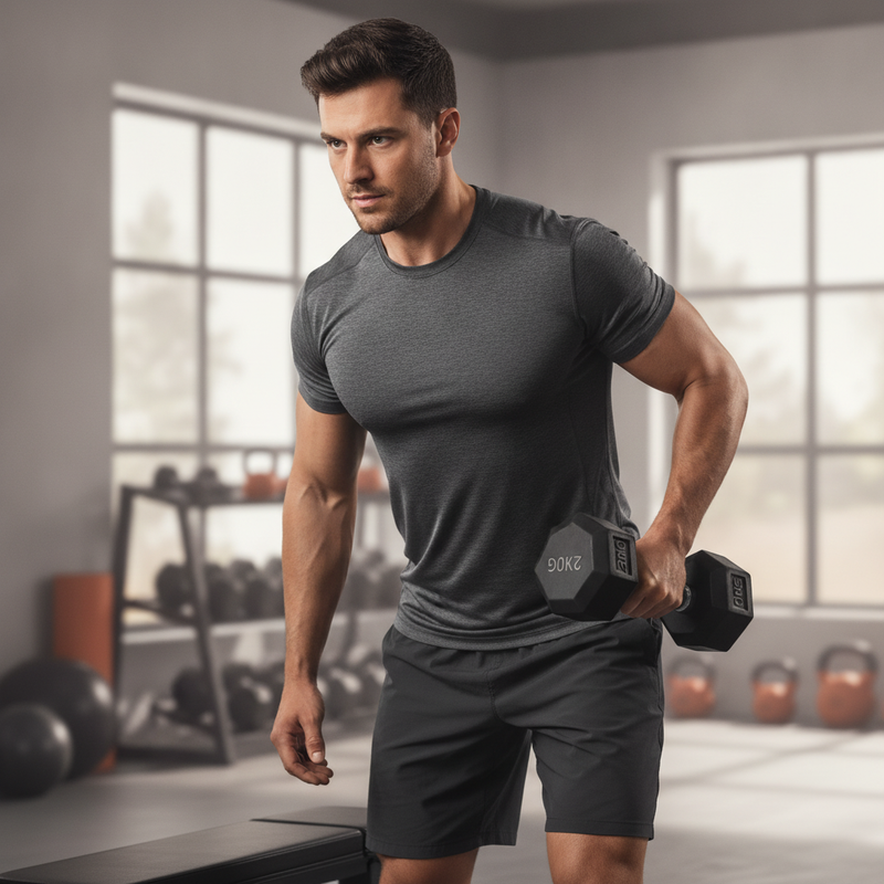 A fit man performs a dumbbell row with a 20kg Hex Dumbbell in a modern home gym, wearing a charcoal t-shirt and dark shorts.