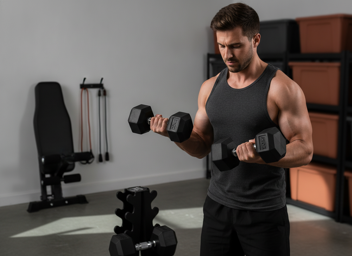 A man in his late 20s works out with 20kg Hex Dumbbells in a compact garage gym. He is doing bicep curls.