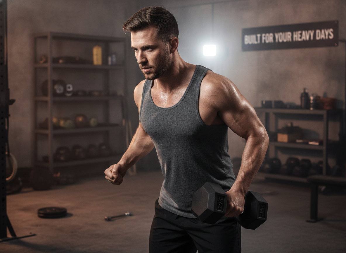 Muscular man in a garage gym performing a heavy dumbbell row with a 20kg Hex Dumbbell, his face showing intense concentration