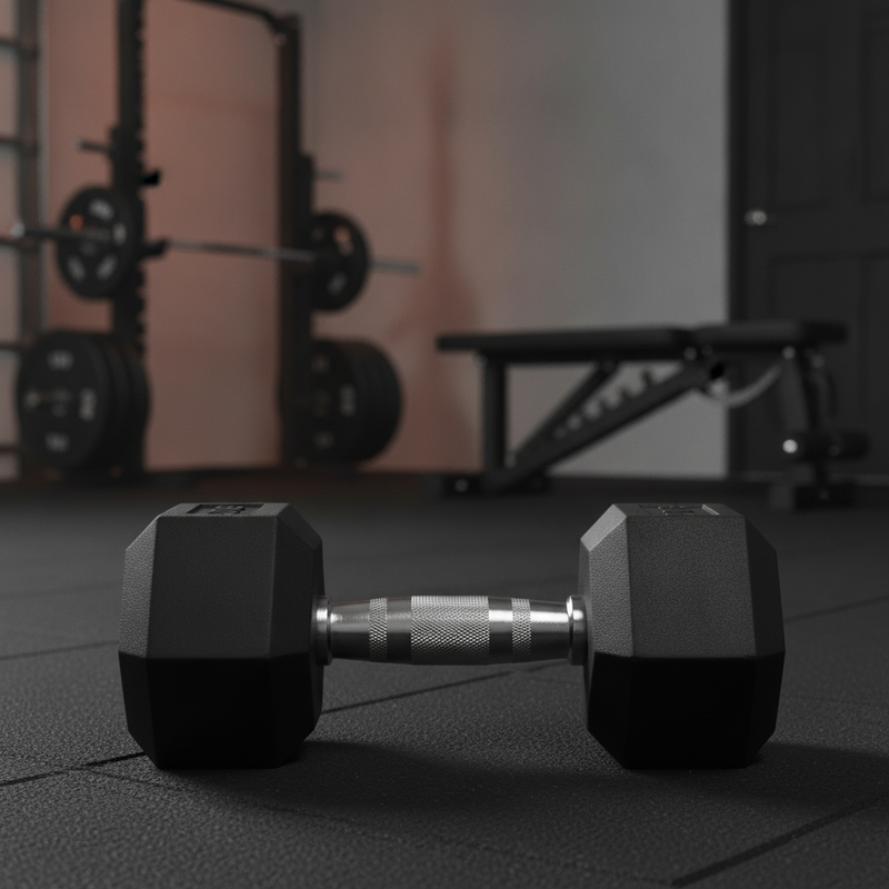 A 20kg hex dumbbell and grip on a rubber mat in a clean garage gym setup with blurred background equipment.