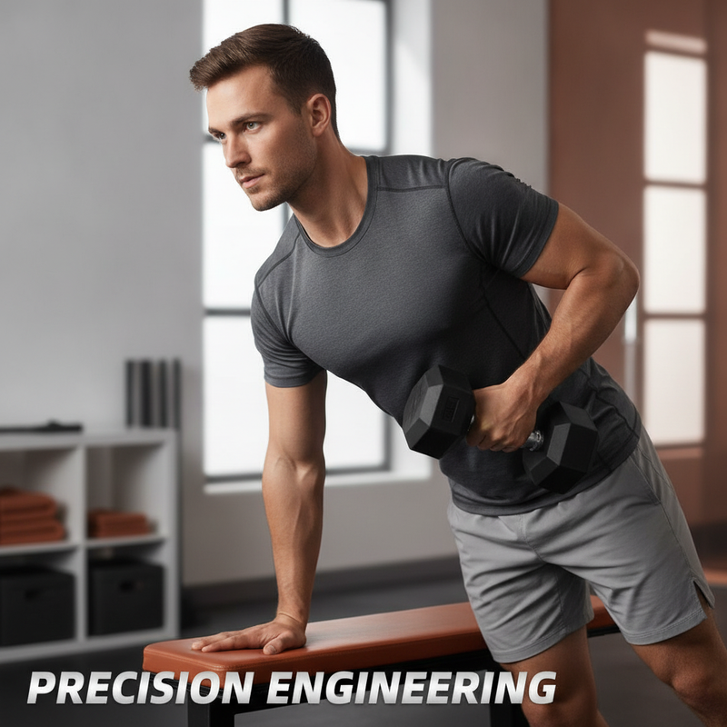 Man performing a dumbbell row with a 20kg Hex Dumbbell in a modern home gym. He is focused on his form.